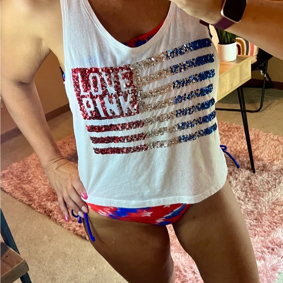 4th of July VS Pink Flag Tank & Tie Dye red white blue stars bikini SZ M - Picture 5 of 8